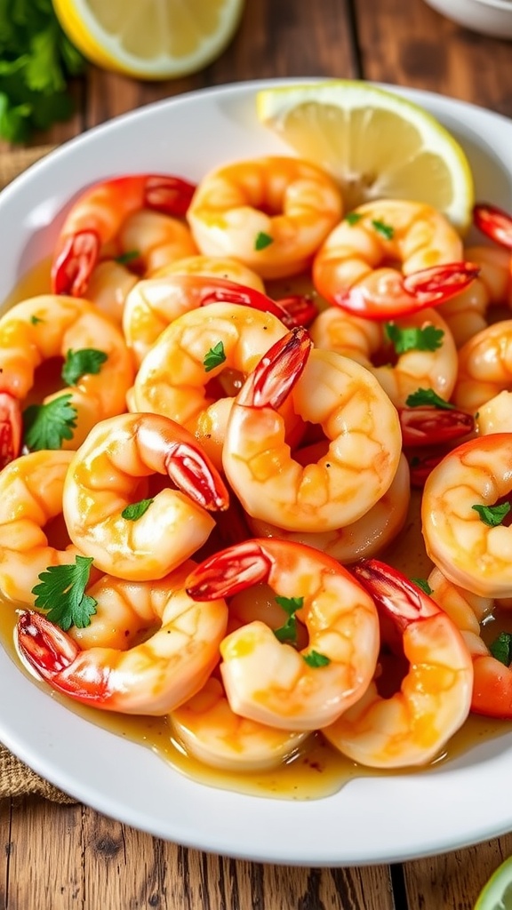 Garlic butter shrimp garnished with parsley and lemon on a rustic plate.